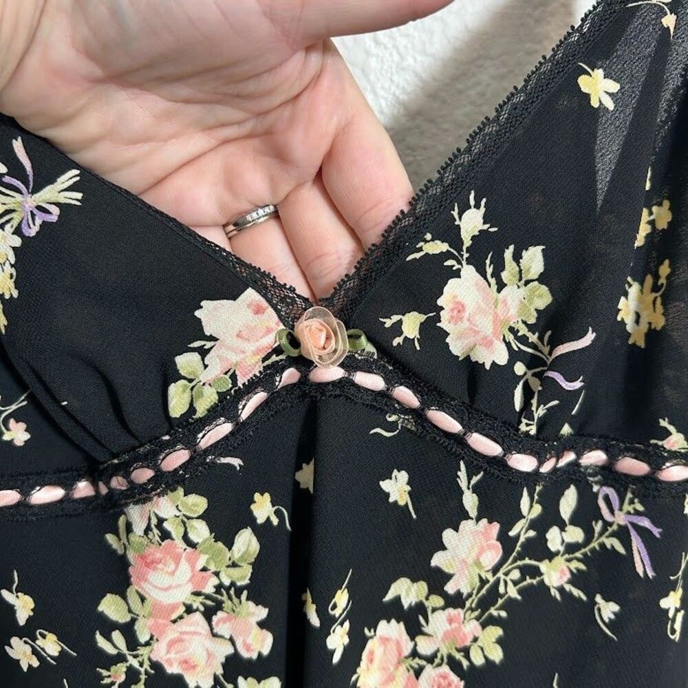 VTG Oscar de la Renta Satin Slip Dress S Black Floral Coquette Pink Label Fairy - Picture 7 of 9